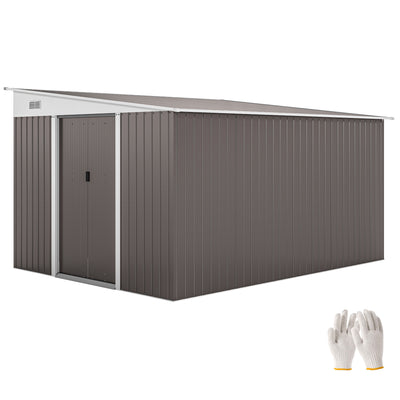 Outsunny 11.3 x 9.2ft Lean to Metal Garden Shed, Outdoor Galvanised Tool Storage House with Double Sliding Doors and 2 Air Vents, Grey 
