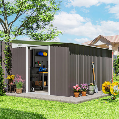 Outsunny 11.3 x 9.2ft Lean to Metal Garden Shed, Outdoor Galvanised Tool Storage House with Double Sliding Doors and 2 Air Vents, Grey 