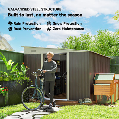 Outsunny 11.3 x 9.2ft Lean to Metal Garden Shed, Outdoor Galvanised Tool Storage House with Double Sliding Doors and 2 Air Vents, Grey 