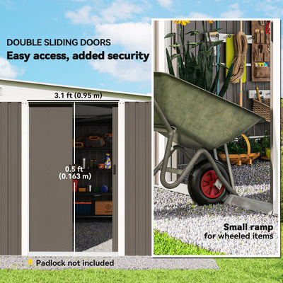 Outsunny 11.3 x 9.2ft Lean to Metal Garden Shed, Outdoor Galvanised Tool Storage House with Double Sliding Doors and 2 Air Vents, Grey 