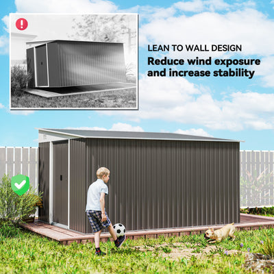 Outsunny 11.3 x 9.2ft Lean to Metal Garden Shed, Outdoor Galvanised Tool Storage House with Double Sliding Doors and 2 Air Vents, Grey 