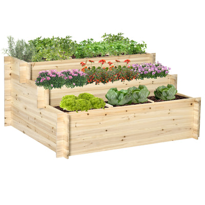 Outsunny 117cm x 100cm x 54cm 3 Tier Raised Garden Bed 376L Fir Wood Elevated Planter Flower Box with 9 Grow Grids and Non-woven Fabric for Vegetables, Flower, Herb Outdoor Indoor Use 