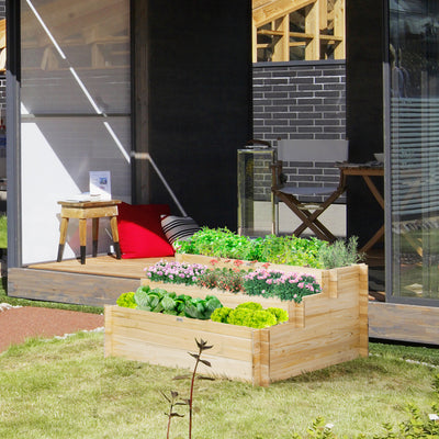 Outsunny 117cm x 100cm x 54cm 3 Tier Raised Garden Bed 376L Fir Wood Elevated Planter Flower Box with 9 Grow Grids and Non-woven Fabric for Vegetables, Flower, Herb Outdoor Indoor Use 