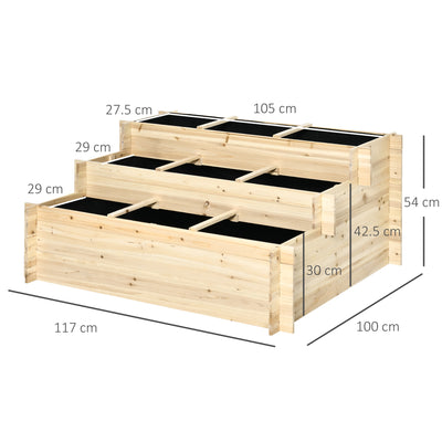 Outsunny 117cm x 100cm x 54cm 3 Tier Raised Garden Bed 376L Fir Wood Elevated Planter Flower Box with 9 Grow Grids and Non-woven Fabric for Vegetables, Flower, Herb Outdoor Indoor Use 