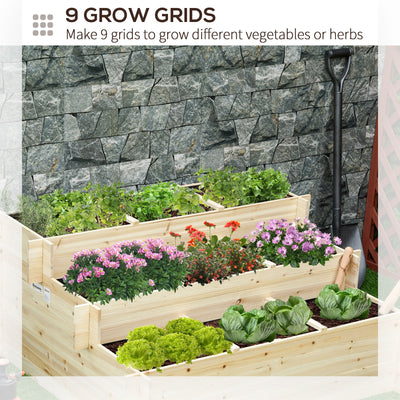 Outsunny 117cm x 100cm x 54cm 3 Tier Raised Garden Bed 376L Fir Wood Elevated Planter Flower Box with 9 Grow Grids and Non-woven Fabric for Vegetables, Flower, Herb Outdoor Indoor Use 