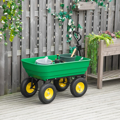 Outsunny 125 Litre Large Garden Cart Heavy Duty 4 Wheel Trolley Dump Wheelbarrow Tipping Truck Trailer - Green 
