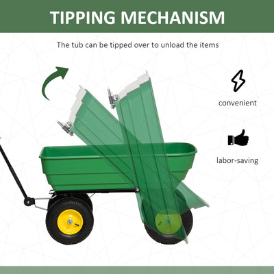 Outsunny 125 Litre Large Garden Cart Heavy Duty 4 Wheel Trolley Dump Wheelbarrow Tipping Truck Trailer - Green 