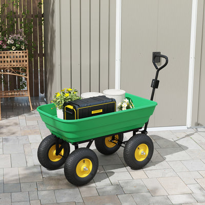 Outsunny 125 Litre Large Garden Cart Heavy Duty 4 Wheel Trolley Dump Wheelbarrow Tipping Truck Trailer - Green 