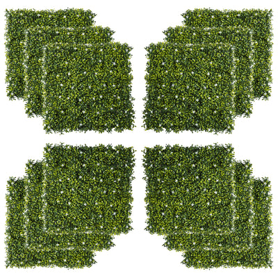 Outsunny 12PCS Artificial Boxwood Wall Panels 50cm x 50cm Grass Privacy Fence Screen Faux Hedge Greenery Backdrop Encrypted Milan Grass with White Flowers for Home Garden Backyard Balcony 