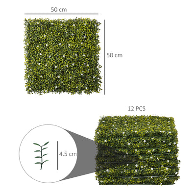 Outsunny 12PCS Artificial Boxwood Wall Panels 50cm x 50cm Grass Privacy Fence Screen Faux Hedge Greenery Backdrop Encrypted Milan Grass with White Flowers for Home Garden Backyard Balcony 