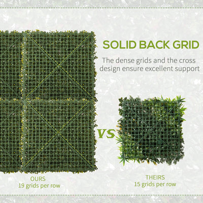 Outsunny 12PCS Artificial Boxwood Wall Panels 50cm x 50cm Grass Privacy Fence Screen Faux Hedge Greenery Backdrop Encrypted Milan Grass with White Flowers for Home Garden Backyard Balcony 