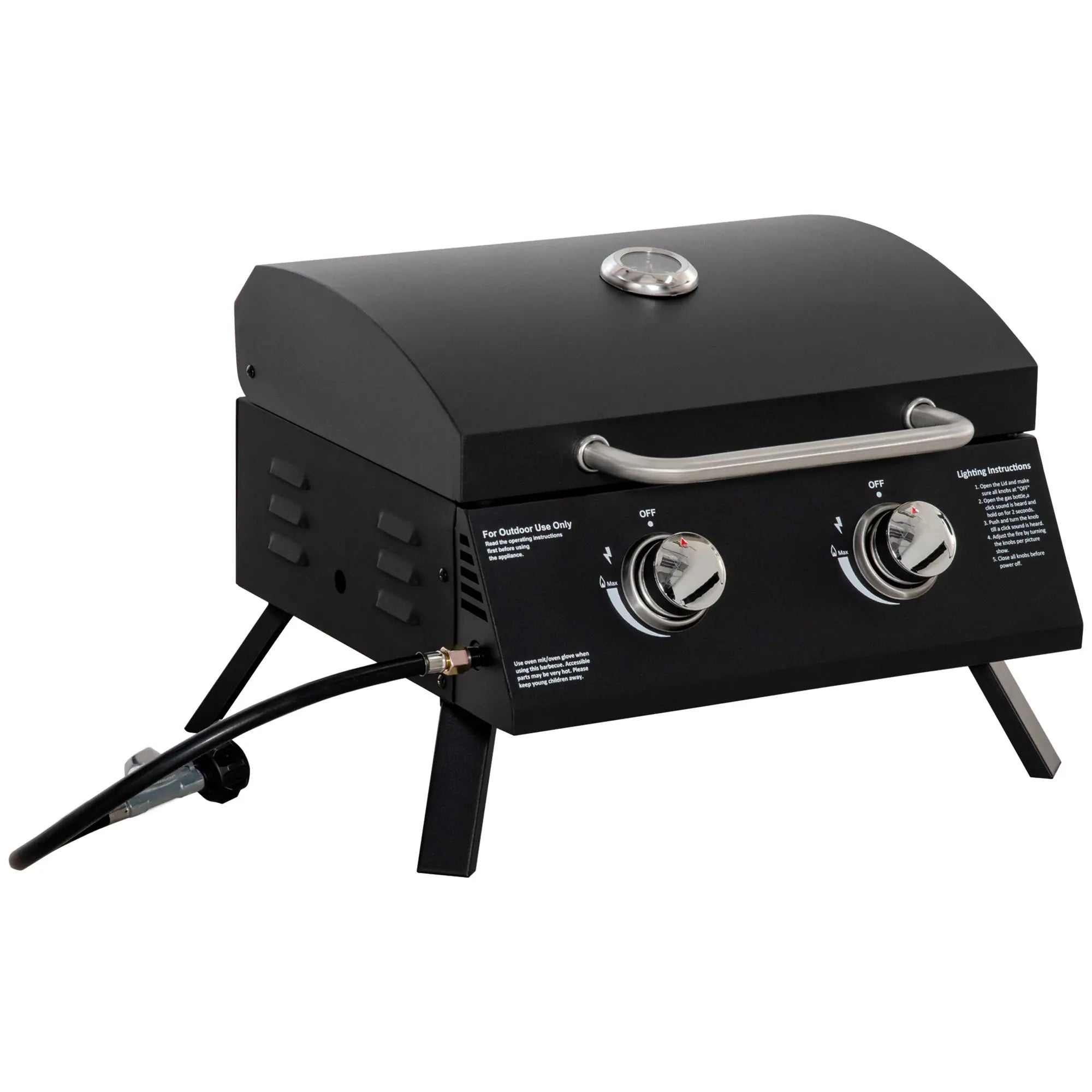 Outsunny 2 Burner Gas BBQ Grill Outdoor Portable Folding Tabletop Barbecue w/ Lid, Thermometer, Carbon Steel, Black 