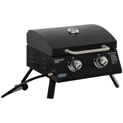 Outsunny 2 Burner Gas BBQ Grill Outdoor Portable Folding Tabletop Barbecue w/ Lid, Thermometer, Carbon Steel, Black 