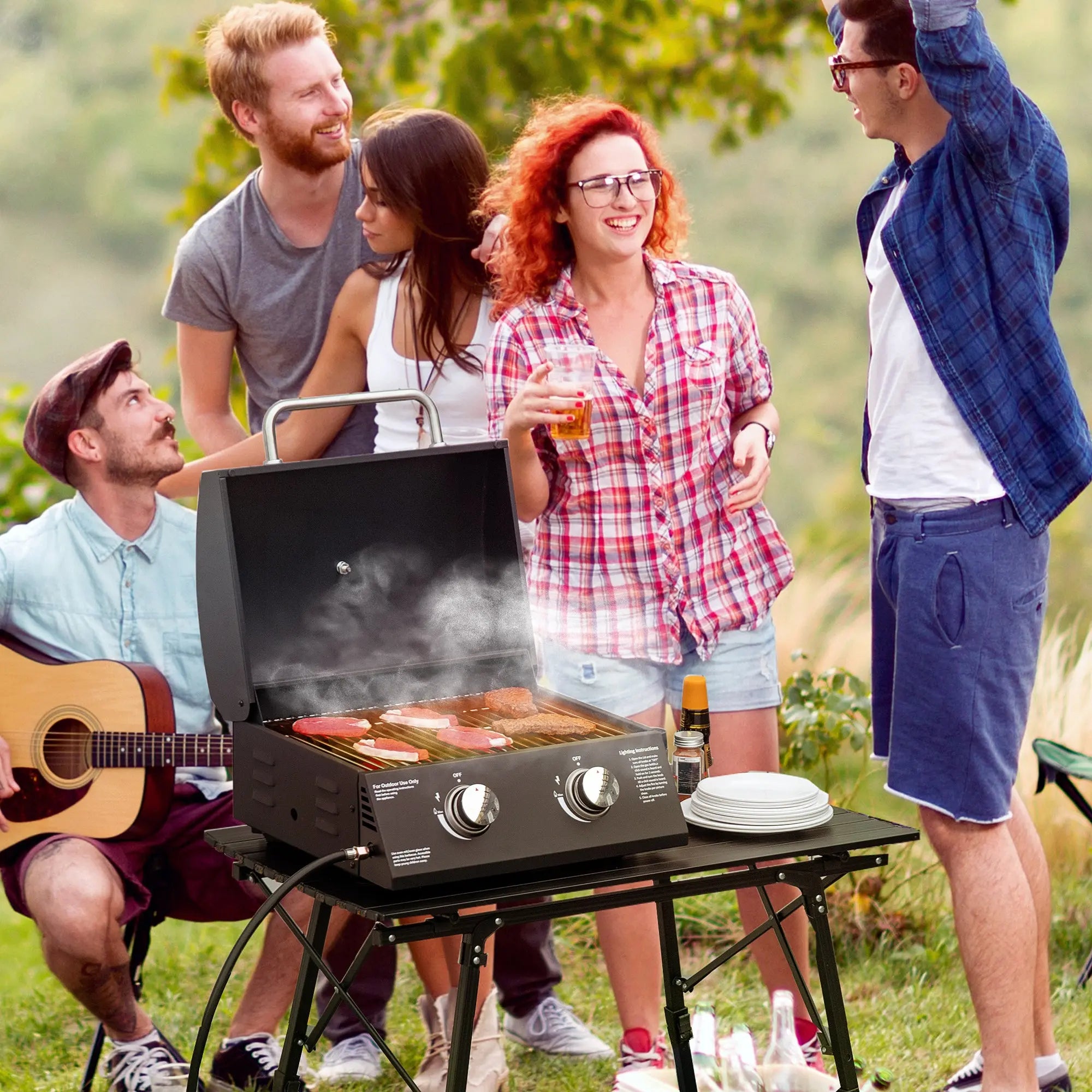 Outsunny 2 Burner Gas BBQ Grill Outdoor Portable Folding Tabletop Barbecue w/ Lid, Thermometer, Carbon Steel, Black 