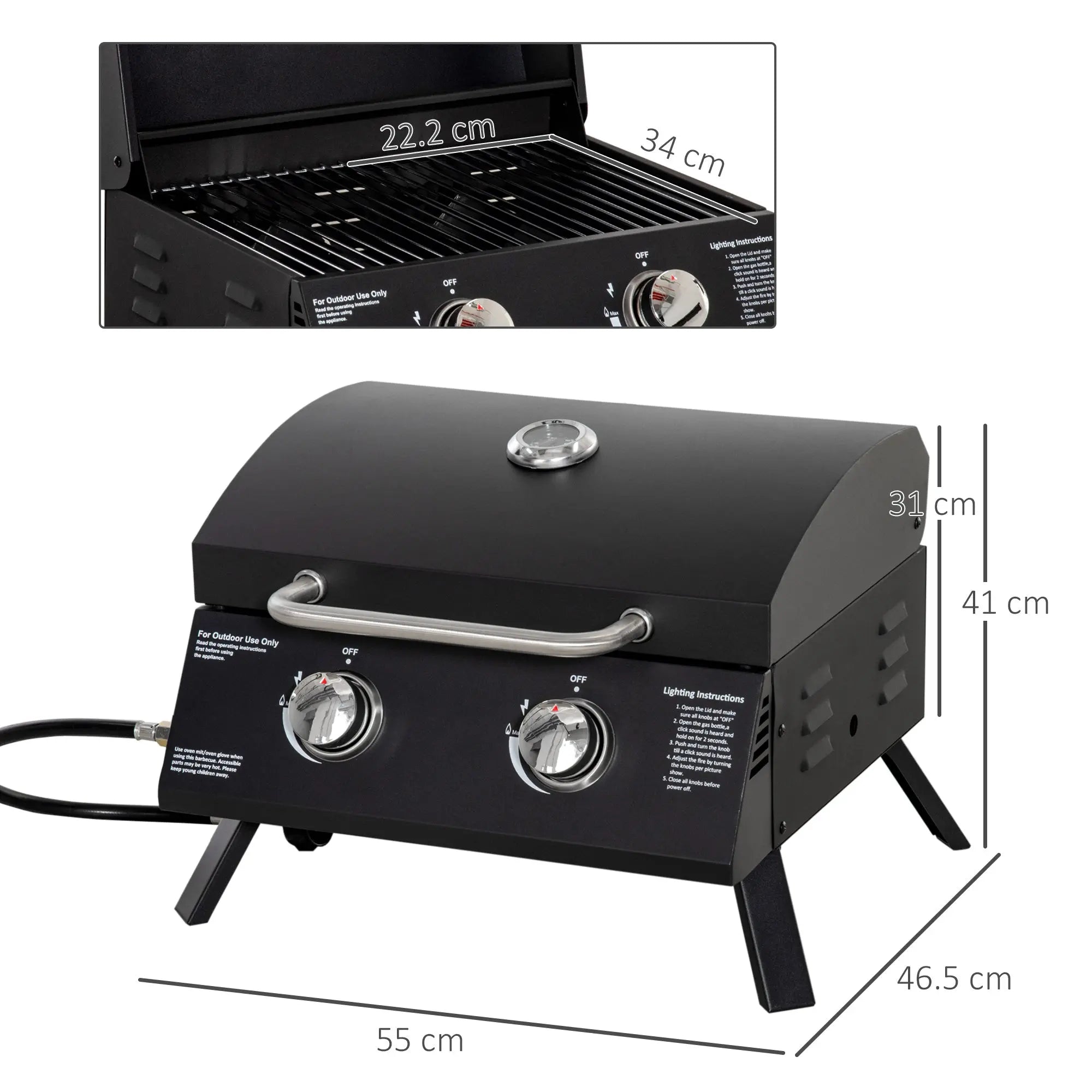 Outsunny 2 Burner Gas BBQ Grill Outdoor Portable Folding Tabletop Barbecue w/ Lid, Thermometer, Carbon Steel, Black 