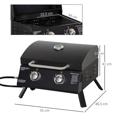 Outsunny 2 Burner Gas BBQ Grill Outdoor Portable Folding Tabletop Barbecue w/ Lid, Thermometer, Carbon Steel, Black 