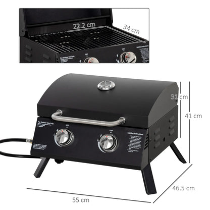Outsunny 2 Burner Gas BBQ Grill Outdoor Portable Folding Tabletop Barbecue w/ Lid, Thermometer, Carbon Steel, Black 