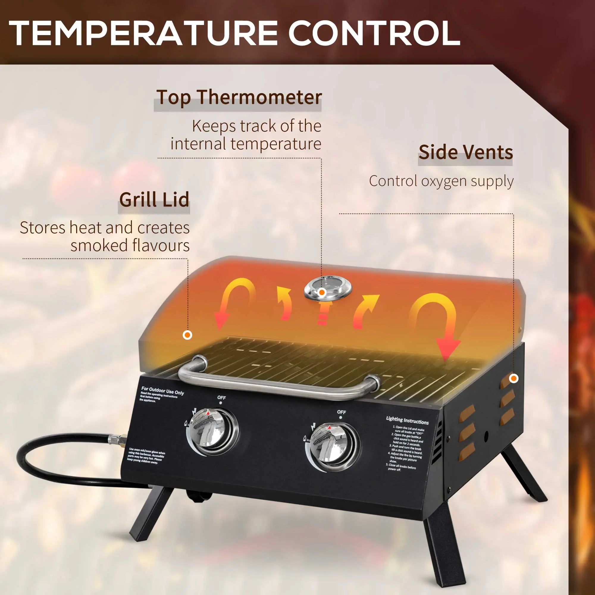 Outsunny 2 Burner Gas BBQ Grill Outdoor Portable Folding Tabletop Barbecue w/ Lid, Thermometer, Carbon Steel, Black 