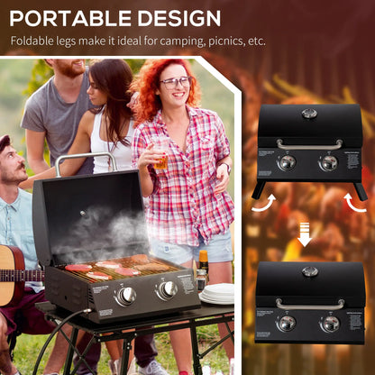 Outsunny 2 Burner Gas BBQ Grill Outdoor Portable Folding Tabletop Barbecue w/ Lid, Thermometer, Carbon Steel, Black 