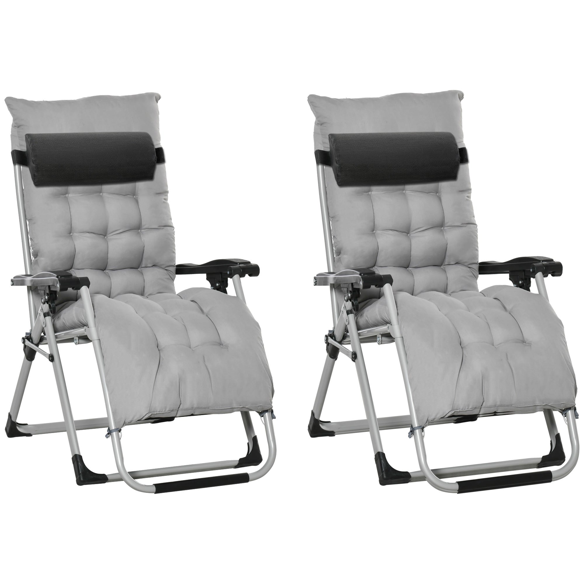 Outsunny 2 Piece Reclining Zero Gravity Sun Loungers with Cushions, Light Grey 