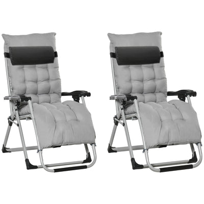 Outsunny 2 Piece Reclining Zero Gravity Sun Loungers with Cushions, Light Grey 