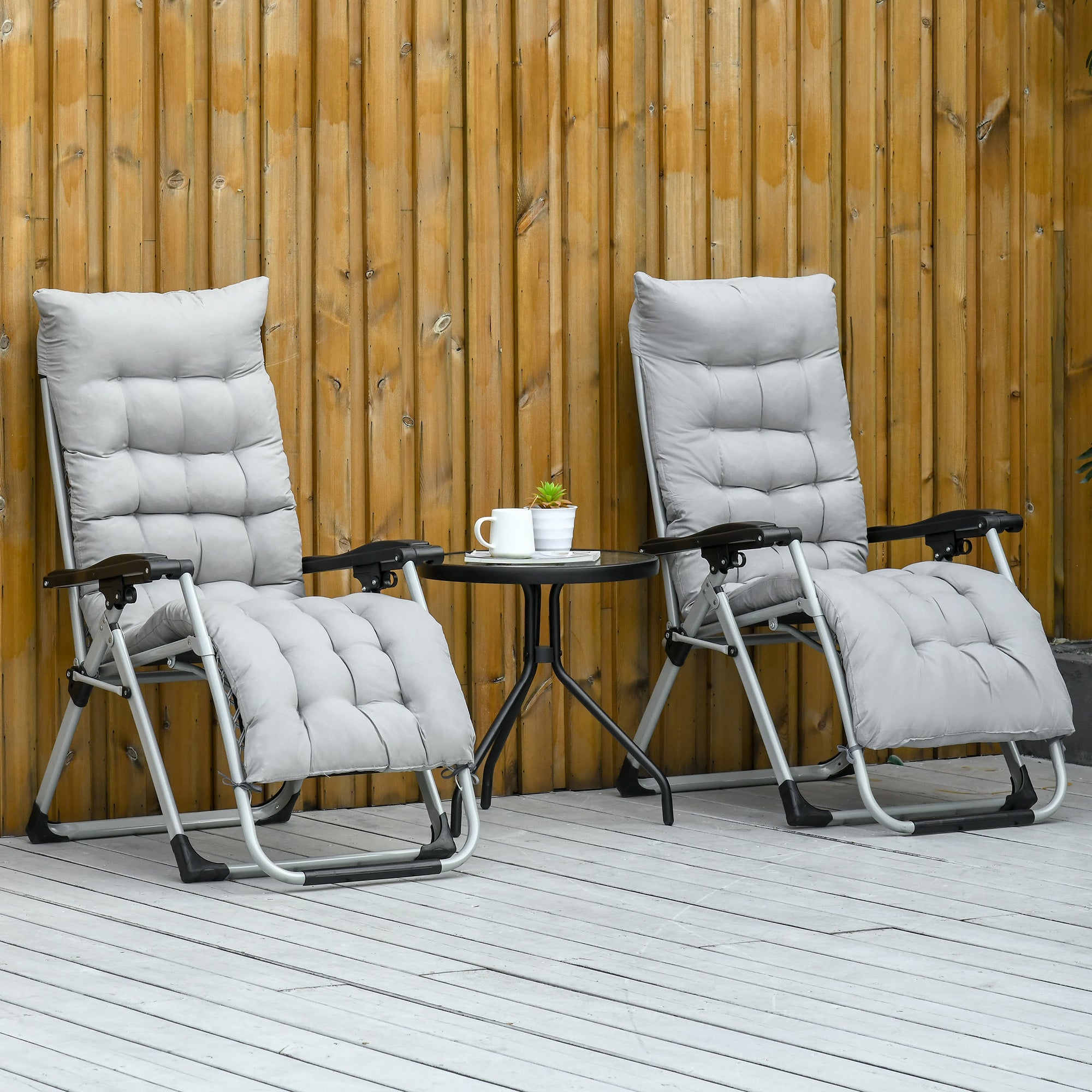 Outsunny 2 Piece Reclining Zero Gravity Sun Loungers with Cushions, Light Grey 