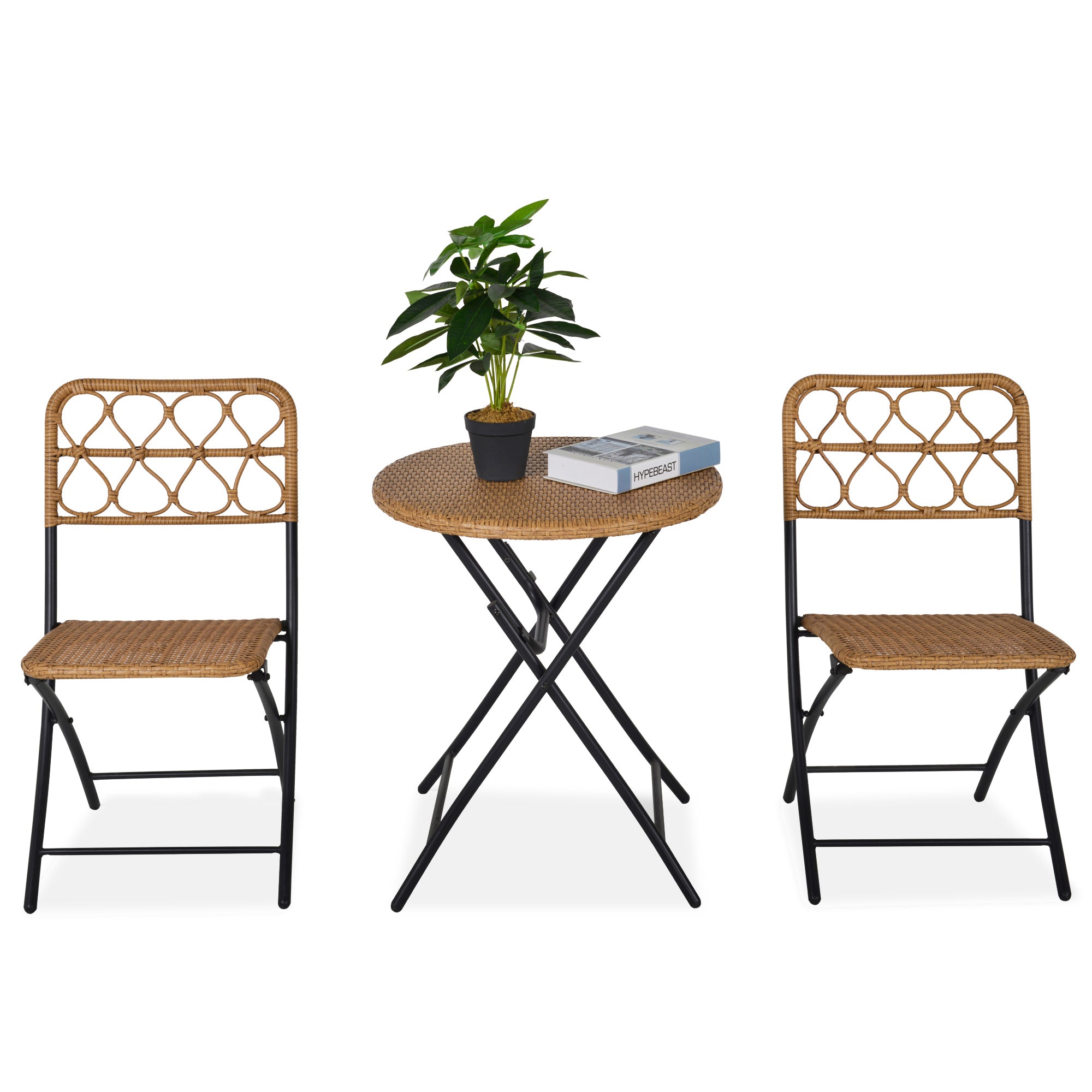 Outsunny 2 Seater Foldable Rattan Wicker Bistro Set, Coffee Table and Chairs, Natural 