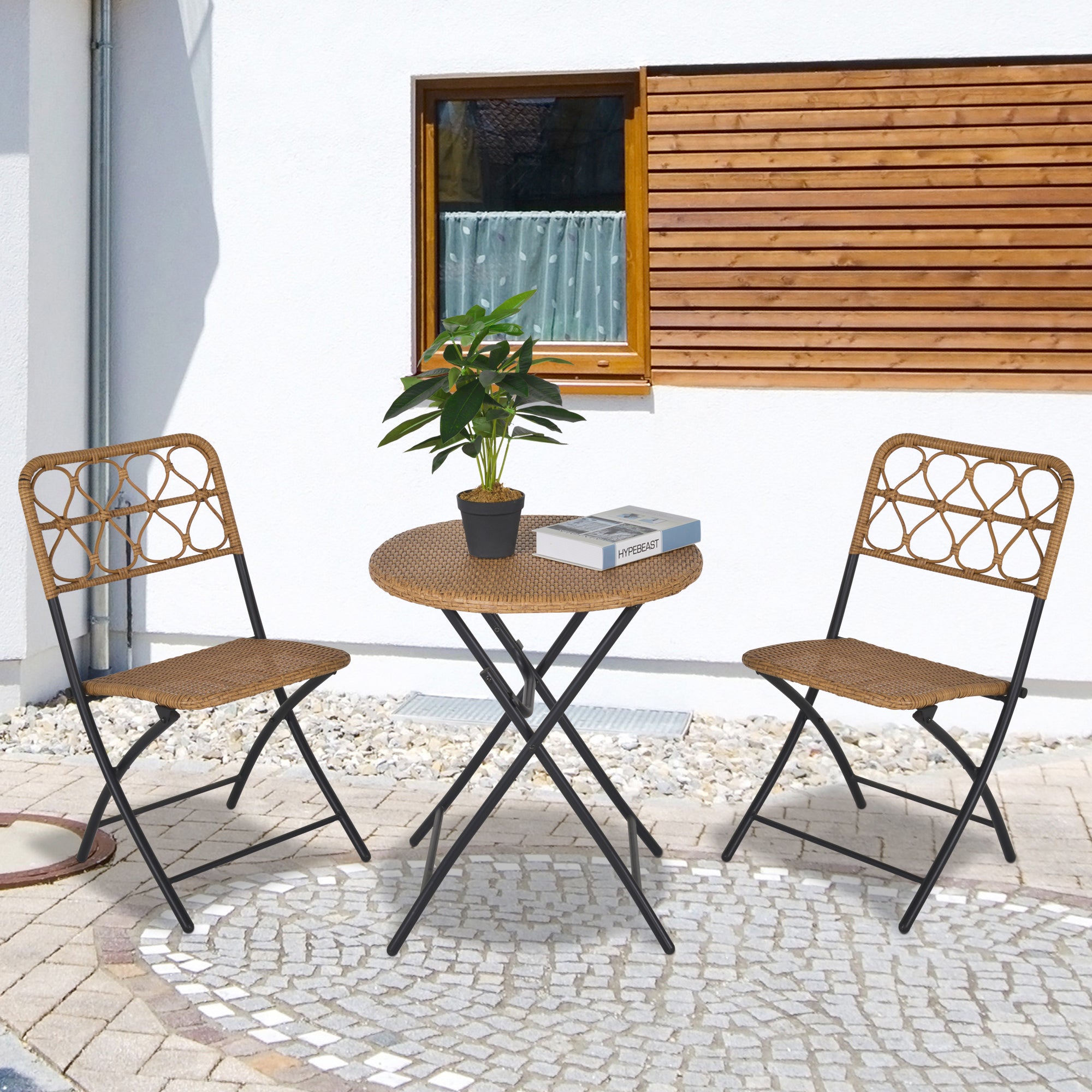 Outsunny 2 Seater Foldable Rattan Wicker Bistro Set, Coffee Table and Chairs, Natural 