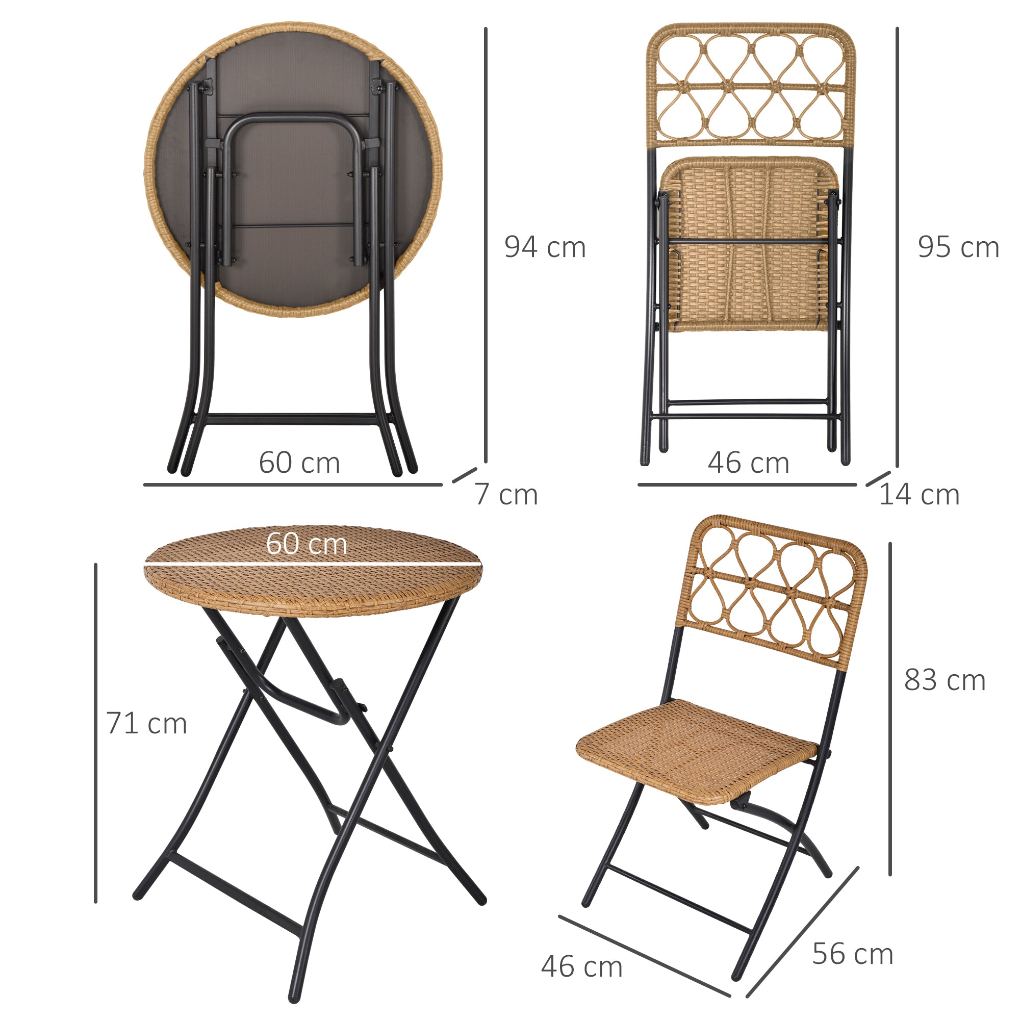 Outsunny 2 Seater Foldable Rattan Wicker Bistro Set, Coffee Table and Chairs, Natural 
