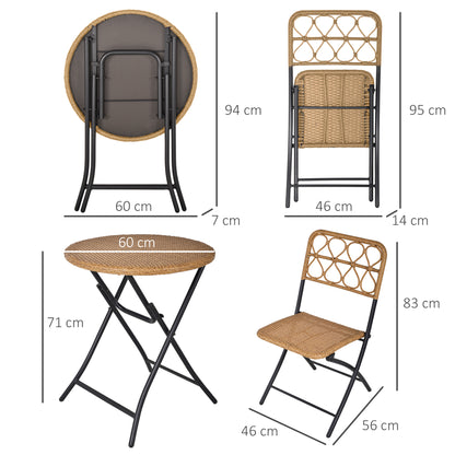 Outsunny 2 Seater Foldable Rattan Wicker Bistro Set, Coffee Table and Chairs, Natural 