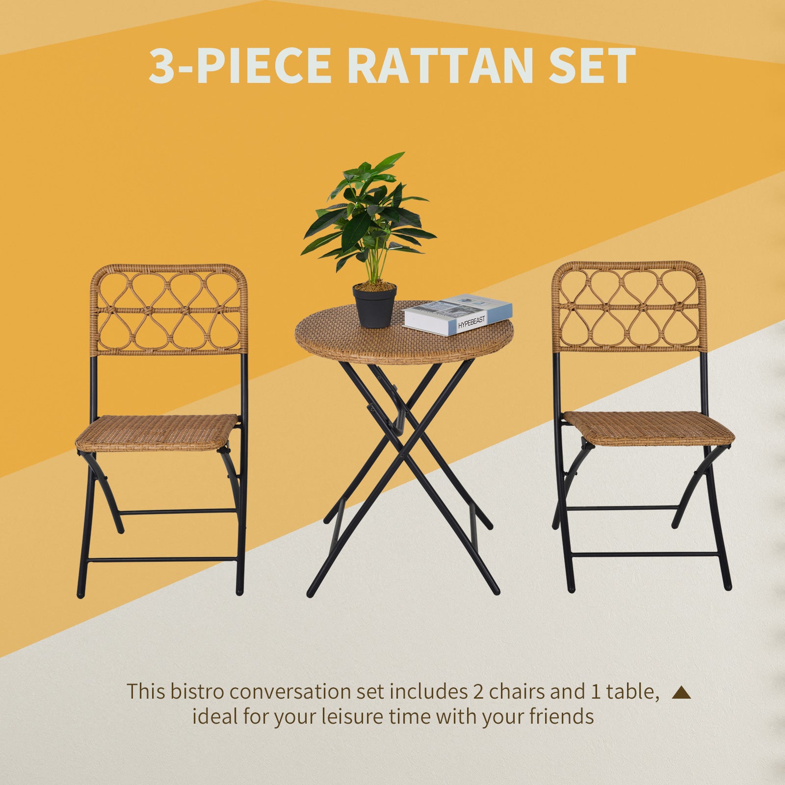 Outsunny 2 Seater Foldable Rattan Wicker Bistro Set, Coffee Table and Chairs, Natural 