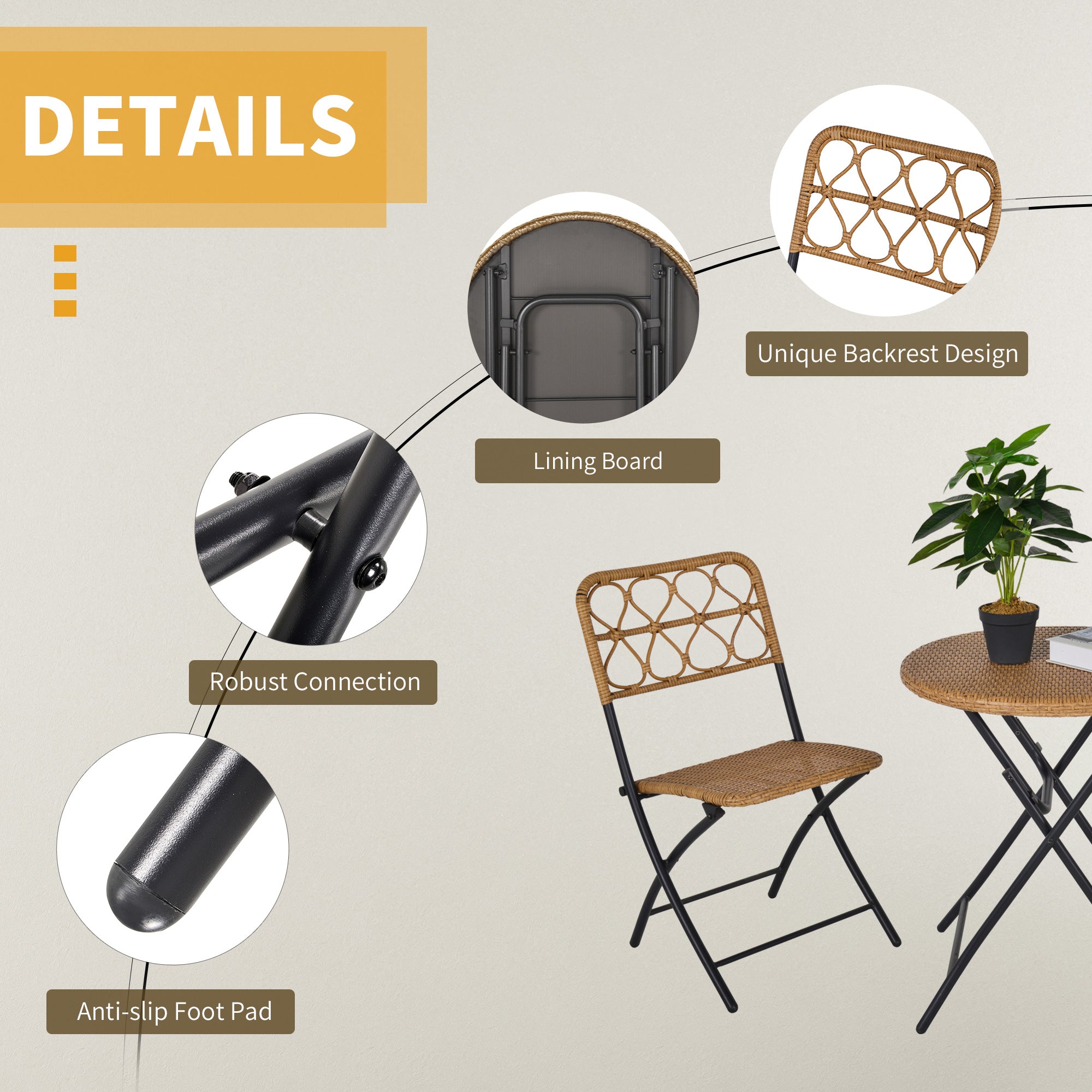 Outsunny 2 Seater Foldable Rattan Wicker Bistro Set, Coffee Table and Chairs, Natural 