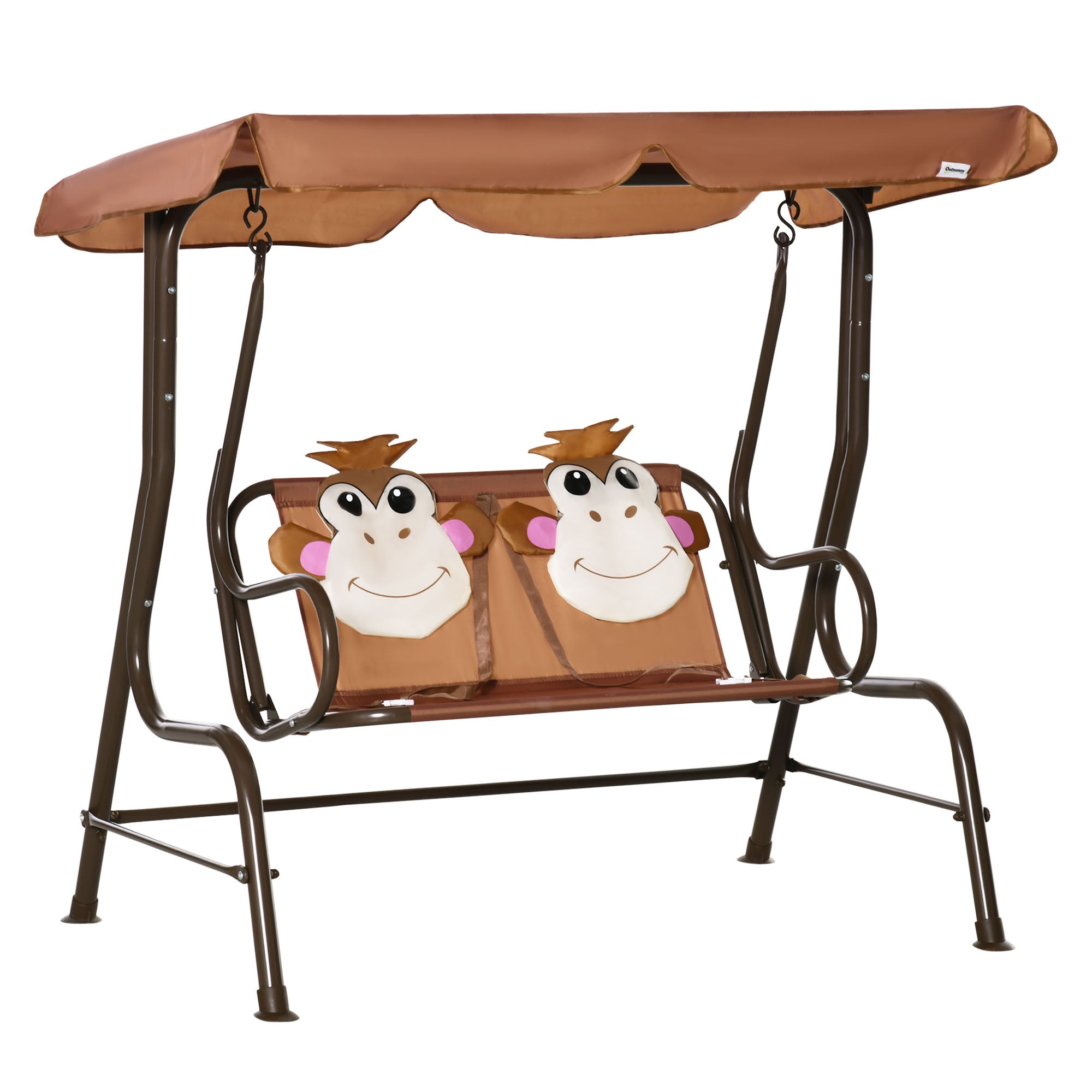 Outsunny 2 Seater Kids Garden Swing Seat, Children Outdoor Patio Lounge Chair for Gardens w/ Adjustable Awning, Seatbelt, Monkey Pattern - Brown 