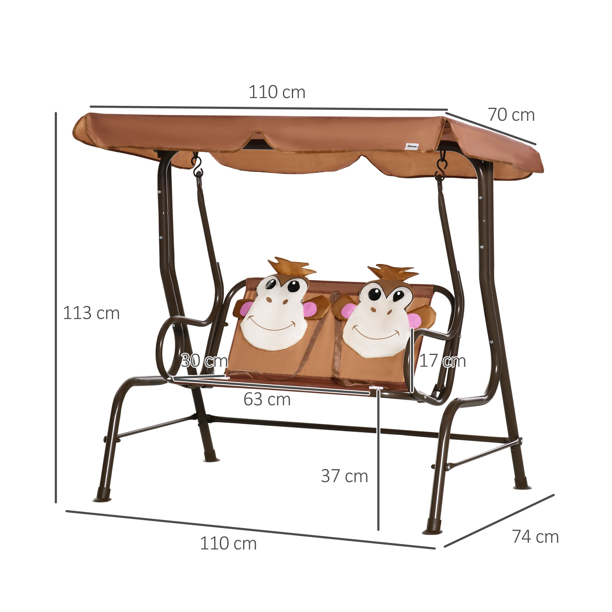 Outsunny 2 Seater Kids Garden Swing Seat, Children Outdoor Patio Lounge Chair for Gardens w/ Adjustable Awning, Seatbelt, Monkey Pattern - Brown 