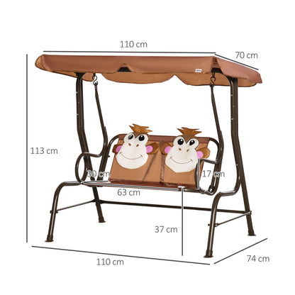 Outsunny 2 Seater Kids Garden Swing Seat, Children Outdoor Patio Lounge Chair for Gardens w/ Adjustable Awning, Seatbelt, Monkey Pattern - Brown 