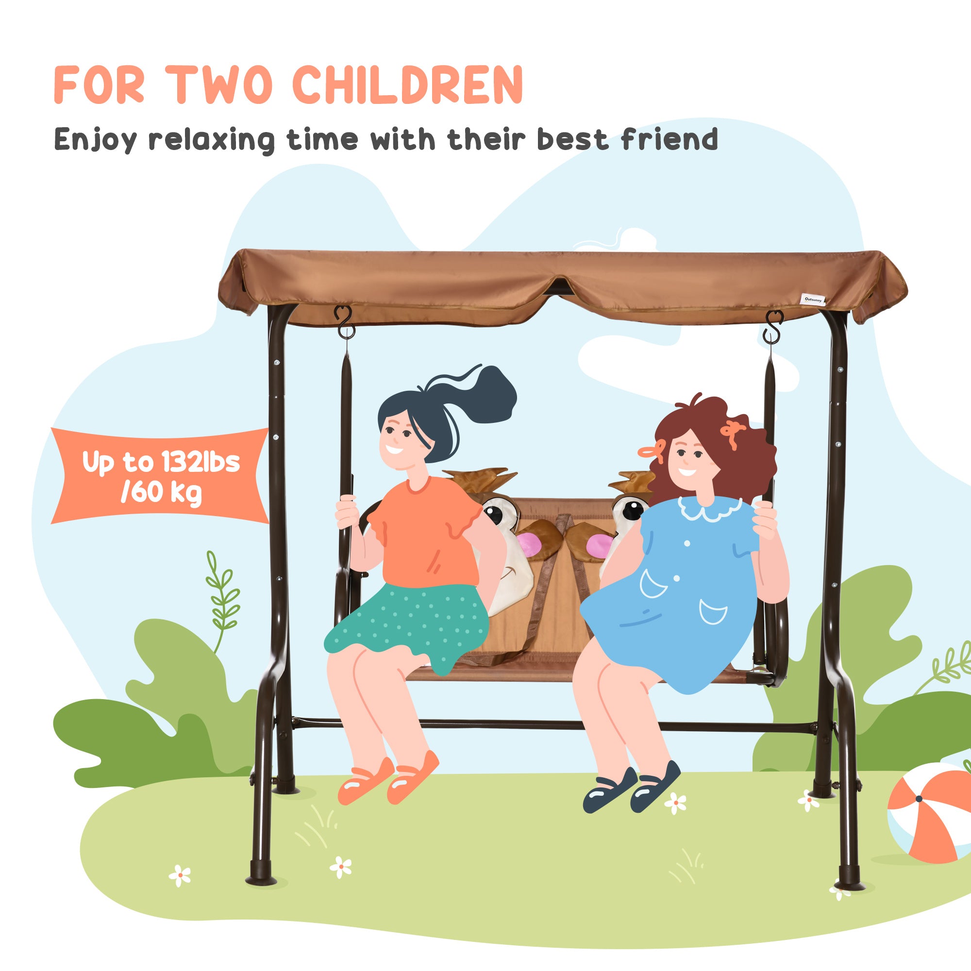 Outsunny 2 Seater Kids Garden Swing Seat, Children Outdoor Patio Lounge Chair for Gardens w/ Adjustable Awning, Seatbelt, Monkey Pattern - Brown 