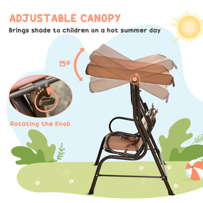 Outsunny 2 Seater Kids Garden Swing Seat, Children Outdoor Patio Lounge Chair for Gardens w/ Adjustable Awning, Seatbelt, Monkey Pattern - Brown 
