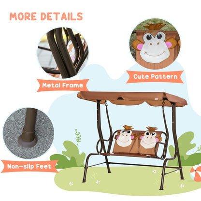 Outsunny 2 Seater Kids Garden Swing Seat, Children Outdoor Patio Lounge Chair for Gardens w/ Adjustable Awning, Seatbelt, Monkey Pattern - Brown 