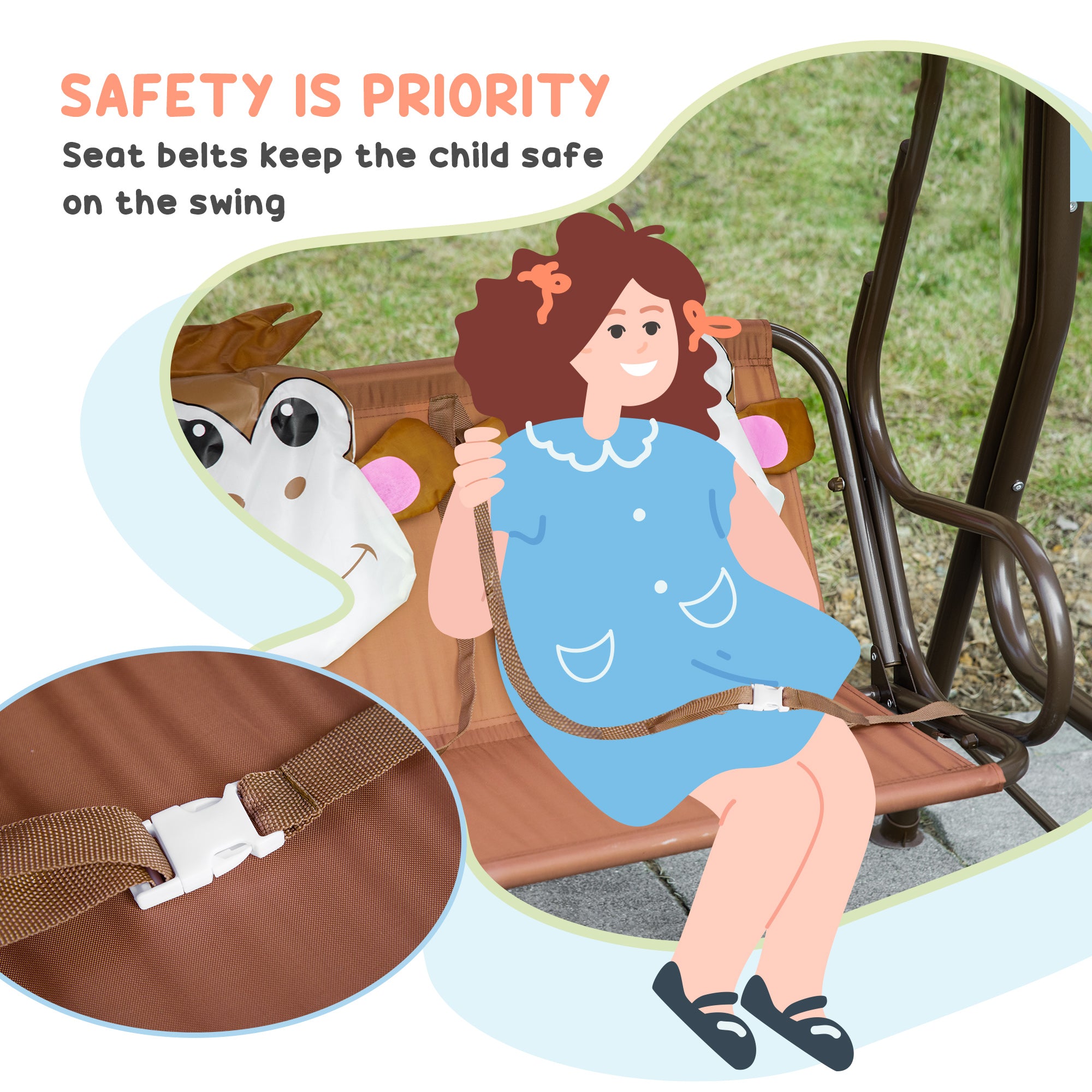 Outsunny 2 Seater Kids Garden Swing Seat, Children Outdoor Patio Lounge Chair for Gardens w/ Adjustable Awning, Seatbelt, Monkey Pattern - Brown 