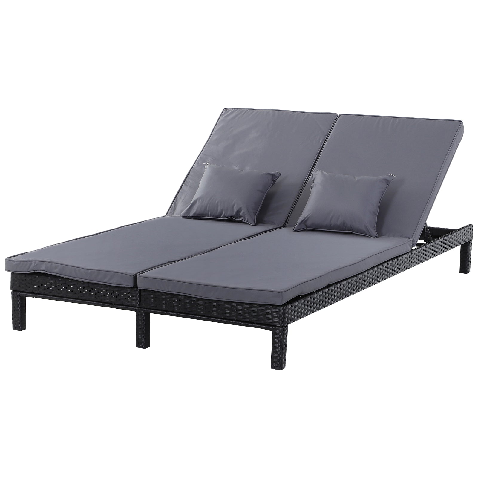 Outsunny 2 Seater Rattan Lounger Adjustable Double Chaise Chair Loveseat w/ Cushion Black 