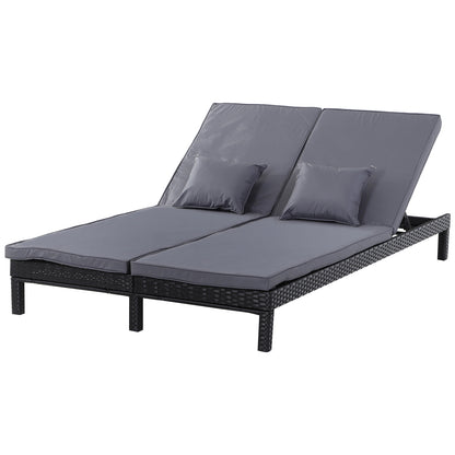 Outsunny 2 Seater Rattan Lounger Adjustable Double Chaise Chair Loveseat w/ Cushion Black 
