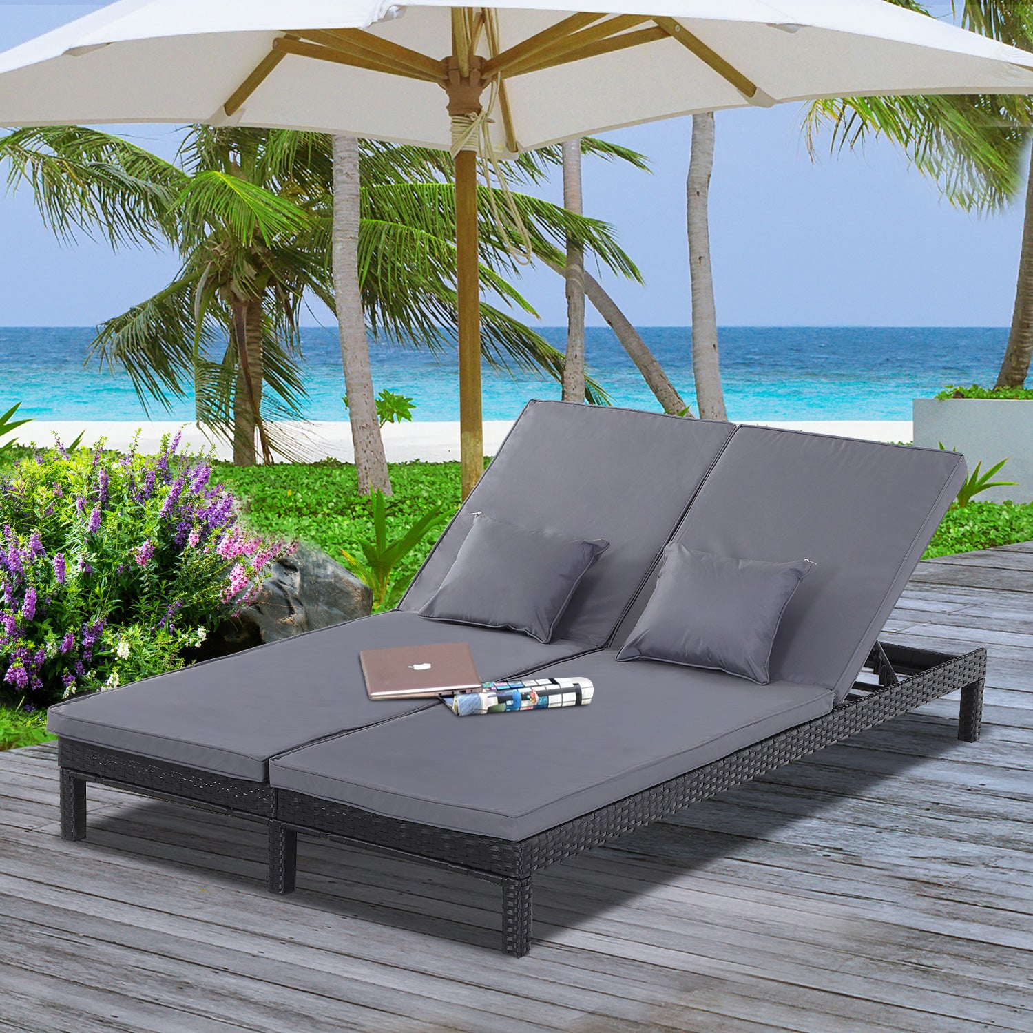 Outsunny 2 Seater Rattan Lounger Adjustable Double Chaise Chair Loveseat w/ Cushion Black 