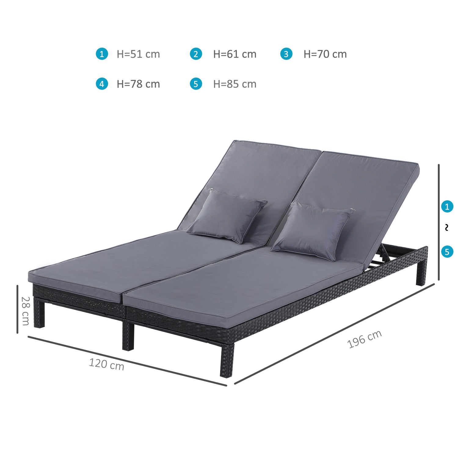 Outsunny 2 Seater Rattan Lounger Adjustable Double Chaise Chair Loveseat w/ Cushion Black 