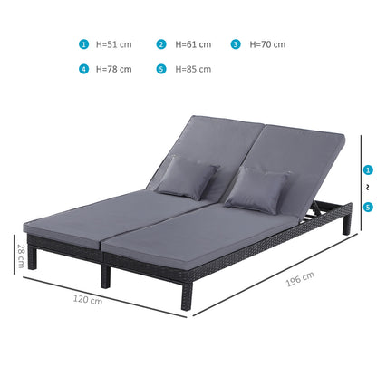 Outsunny 2 Seater Rattan Lounger Adjustable Double Chaise Chair Loveseat w/ Cushion Black 