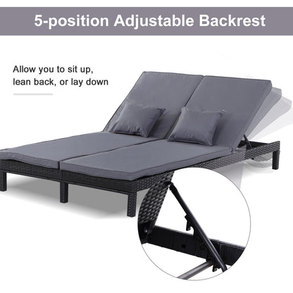 Outsunny 2 Seater Rattan Lounger Adjustable Double Chaise Chair Loveseat w/ Cushion Black 