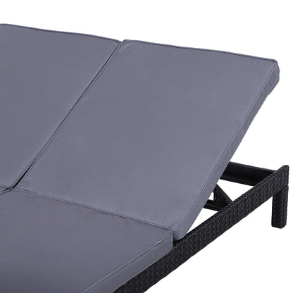 Outsunny 2 Seater Rattan Lounger Adjustable Double Chaise Chair Loveseat w/ Cushion Black 