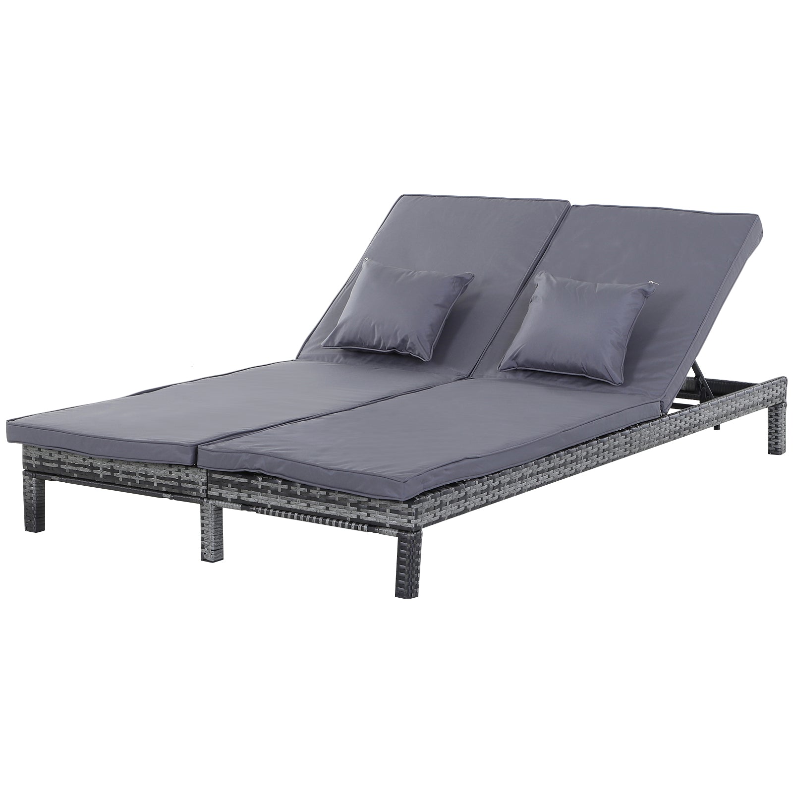 Outsunny 2 Seater Rattan Lounger Adjustable Double Chaise Chair Loveseat w/ Cushion - Grey 