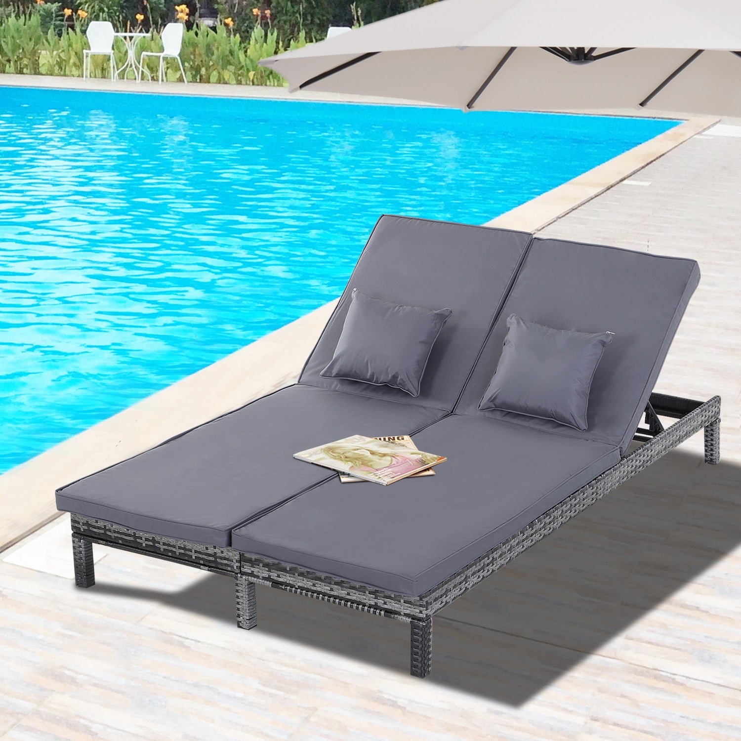 Outsunny 2 Seater Rattan Lounger Adjustable Double Chaise Chair Loveseat w/ Cushion - Grey 
