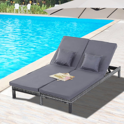 Outsunny 2 Seater Rattan Lounger Adjustable Double Chaise Chair Loveseat w/ Cushion - Grey 
