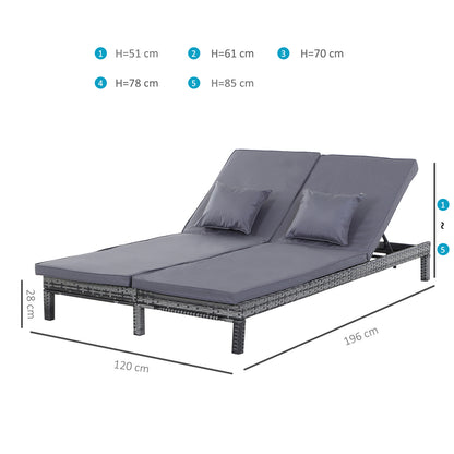 Outsunny 2 Seater Rattan Lounger Adjustable Double Chaise Chair Loveseat w/ Cushion - Grey 